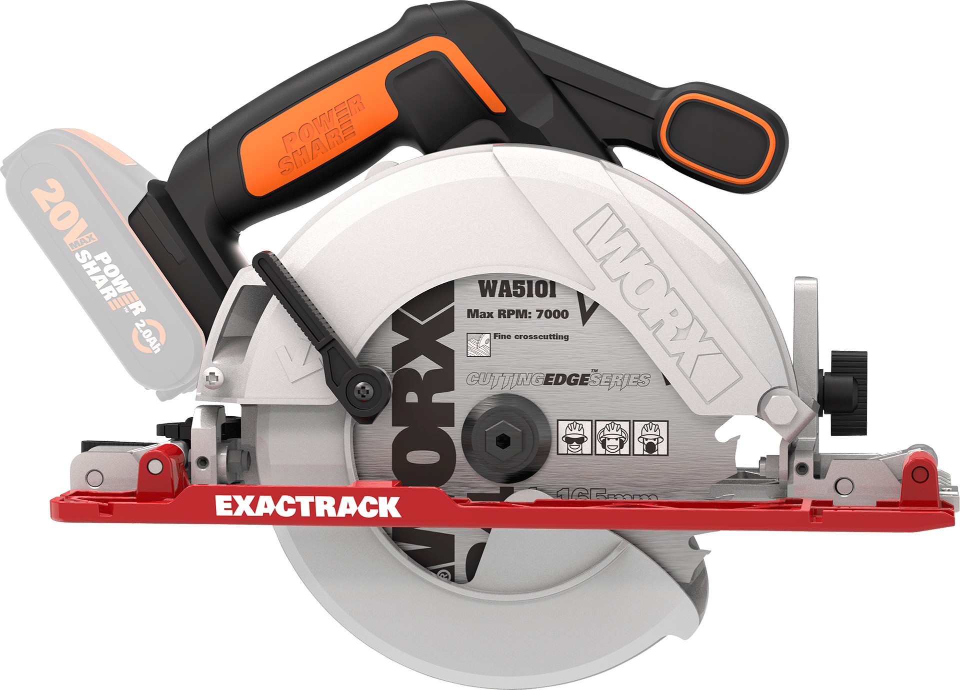 2093600 WORX 20V RUNDSAV EASY TRACK WX530.9 165MM 3600RPM UDEN BATTERI OG LADER 1