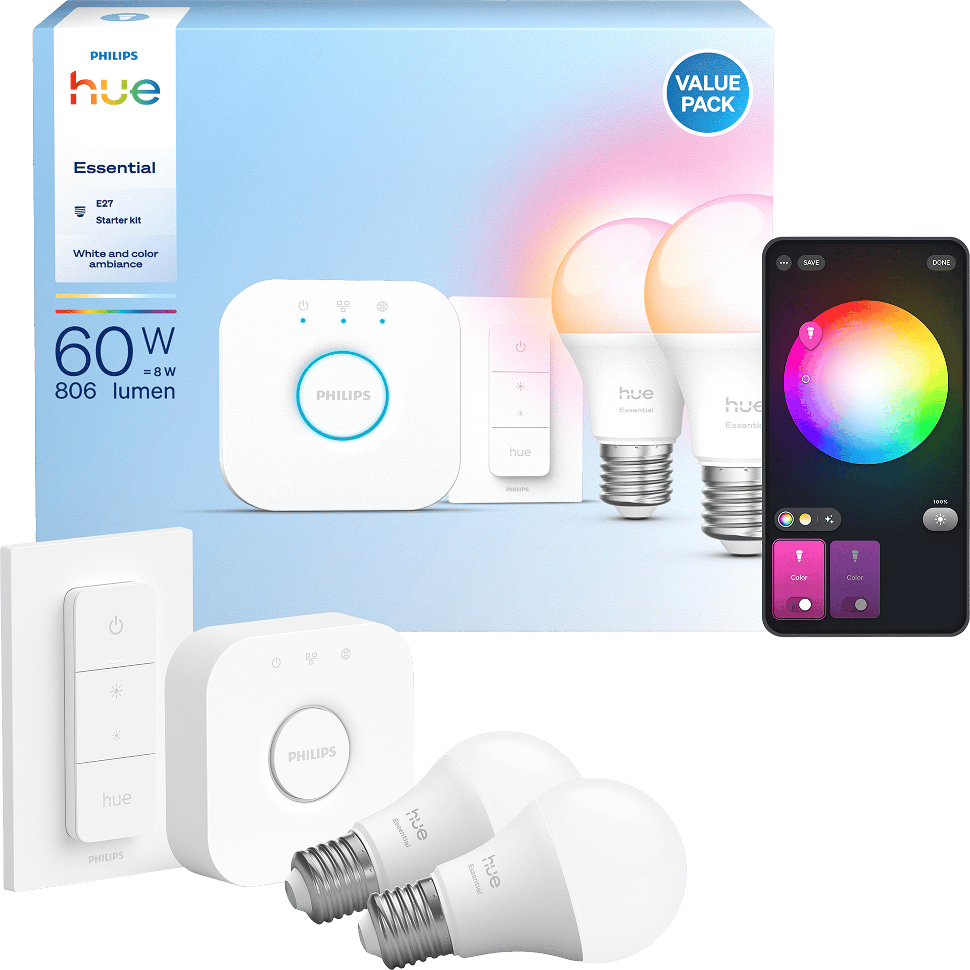 2513043 PHILIPS HUE ESSENTIAL STARTSÆT 2XE27 PÆRER DIMMER SWITCH OG HUE BRIDGE 2