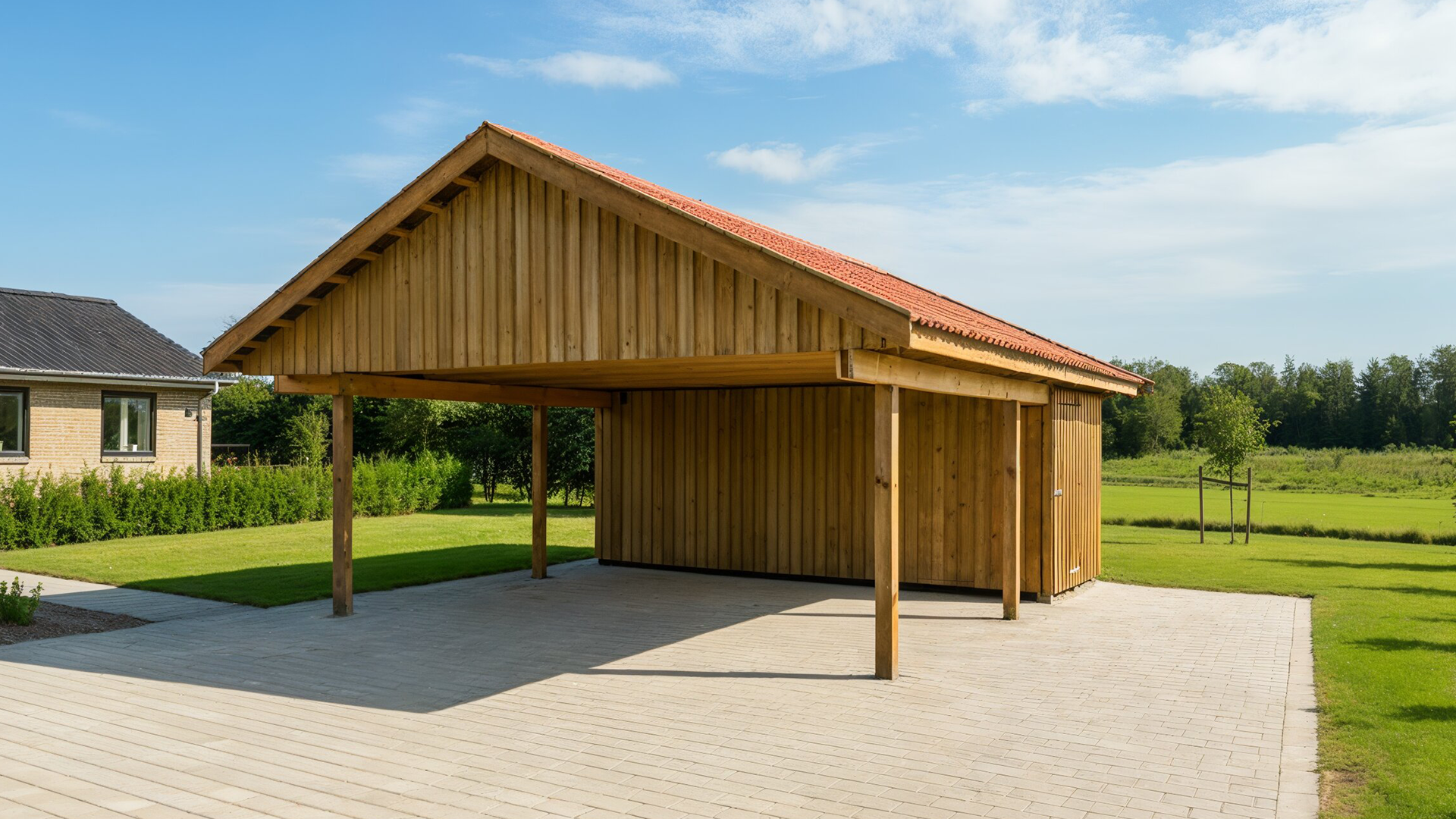 Carport Cp02hxl Rød Dobbelt 6,0x9,9m Med Redskabsrum 5,1x4,2m Høj Rejsning