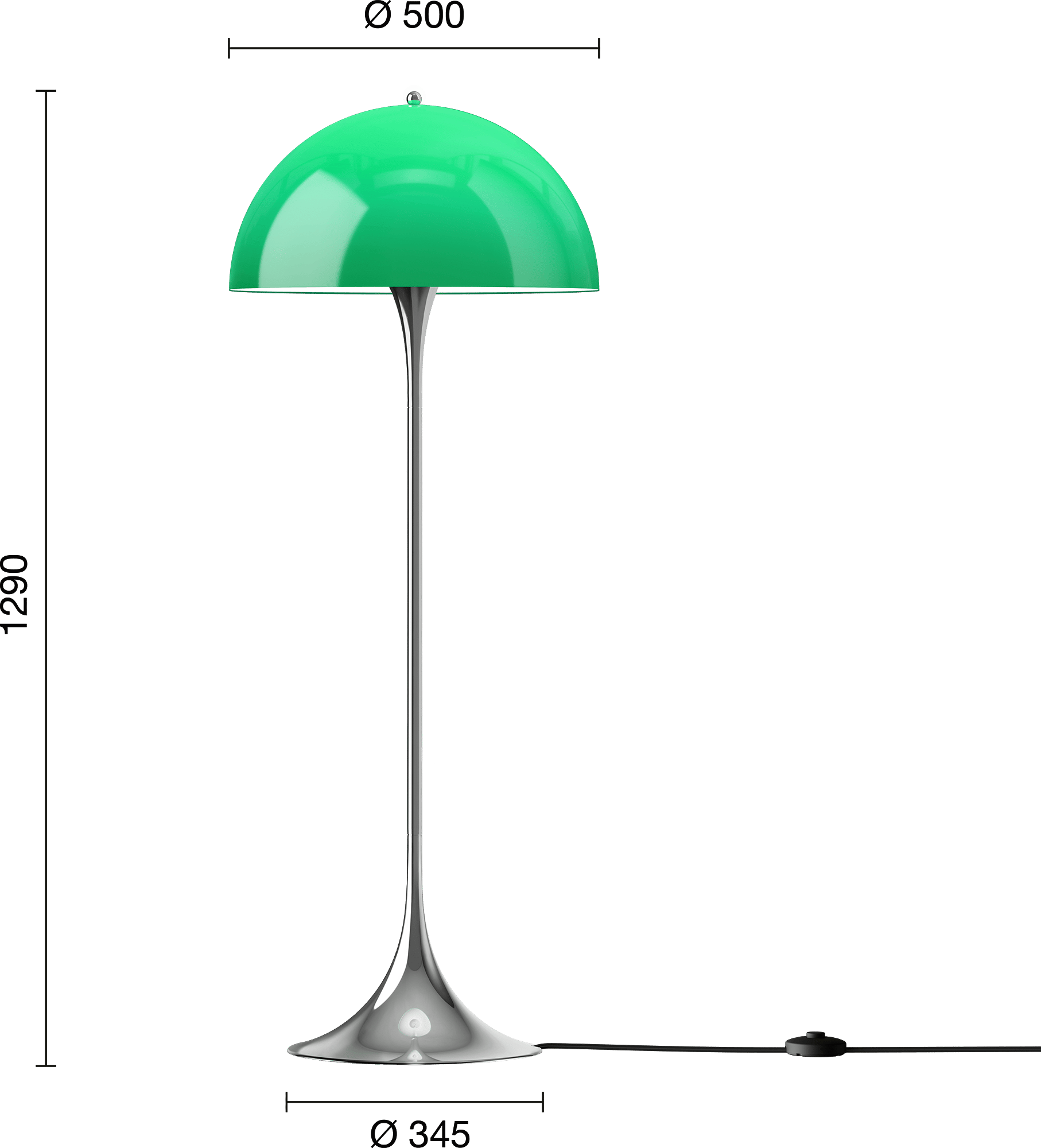 9150389 Panthella Originals Floor Lamp 500 Opal Green Chrome EU Measurement