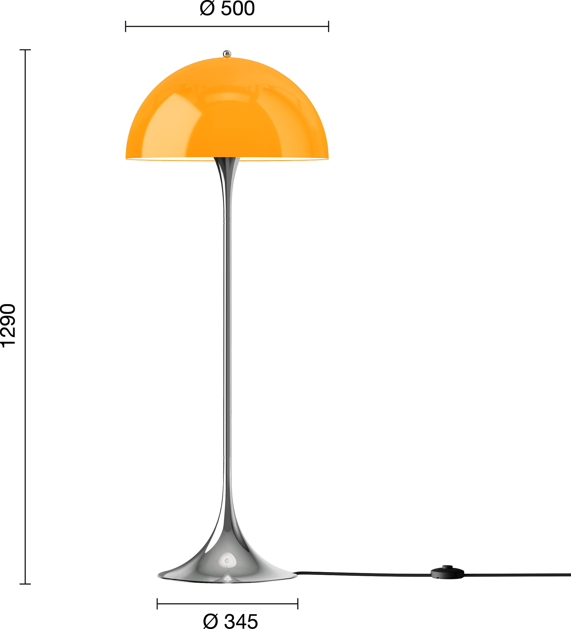 9150386 Panthella Originals Floor Lamp 500 Opal Orange Chrome EU Measurement