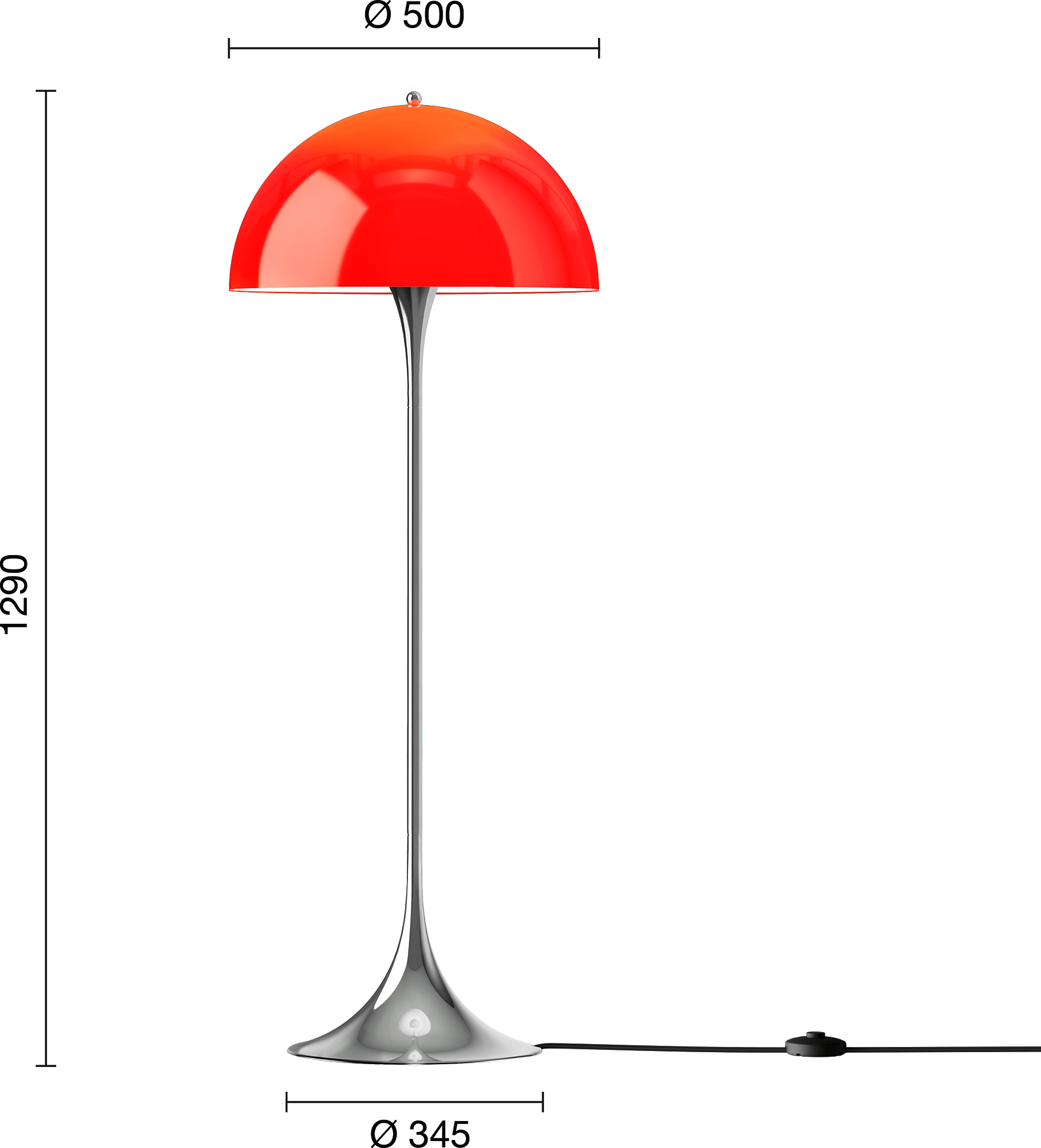 9150387 Panthella Originals Floor Lamp 500 Opal Red Chrome EU Measurement