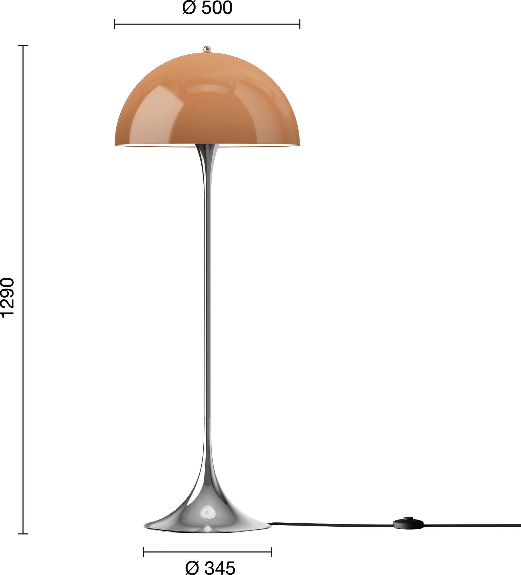9150388 Panthella Originals Floor Lamp 500 Opal Brown Chrome EU Measurement