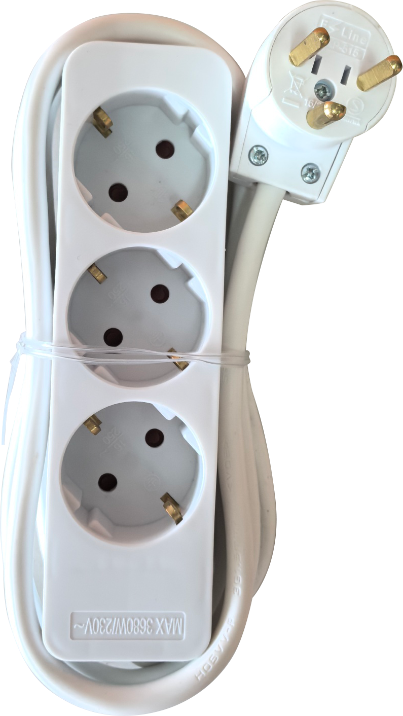 2427865 E LINE 3 X SCHUKO STIKDÅSE DK STIKPROP MED JORD 1,5M LEDNING HVID