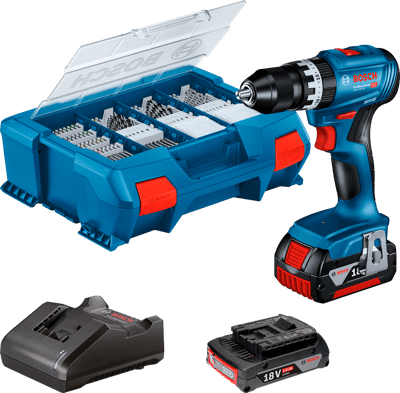 BOSCH 18V SLAGBOREMASKINE GSB 18V-45 INKL 1X4AH & 1X2AH BATTERI LADER & 82STK TILBEHØR