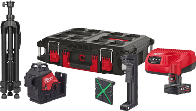 MILWAUKEE 12V 3-PLANSLASER M12 3PLSKIT-401P UDEN MÅLPLADE 38M/ MED MÅLPLADE 100M