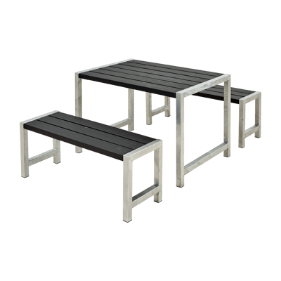 PLUS CAFE PLANKESÆT 127CM SORT BORD+2 BÆNKE MED RYGLÆN USAMLET