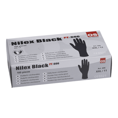 OS NILEX BLACK PUDDERFRI STR10 606 SORT NITRIL ENGANGSHANDSKE 100 STK I ÆSKE