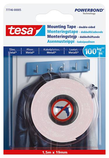TESA DOBBELTKLÆBENDE TAPE TSMS TIL FLISER HVID 1,5MX19MM